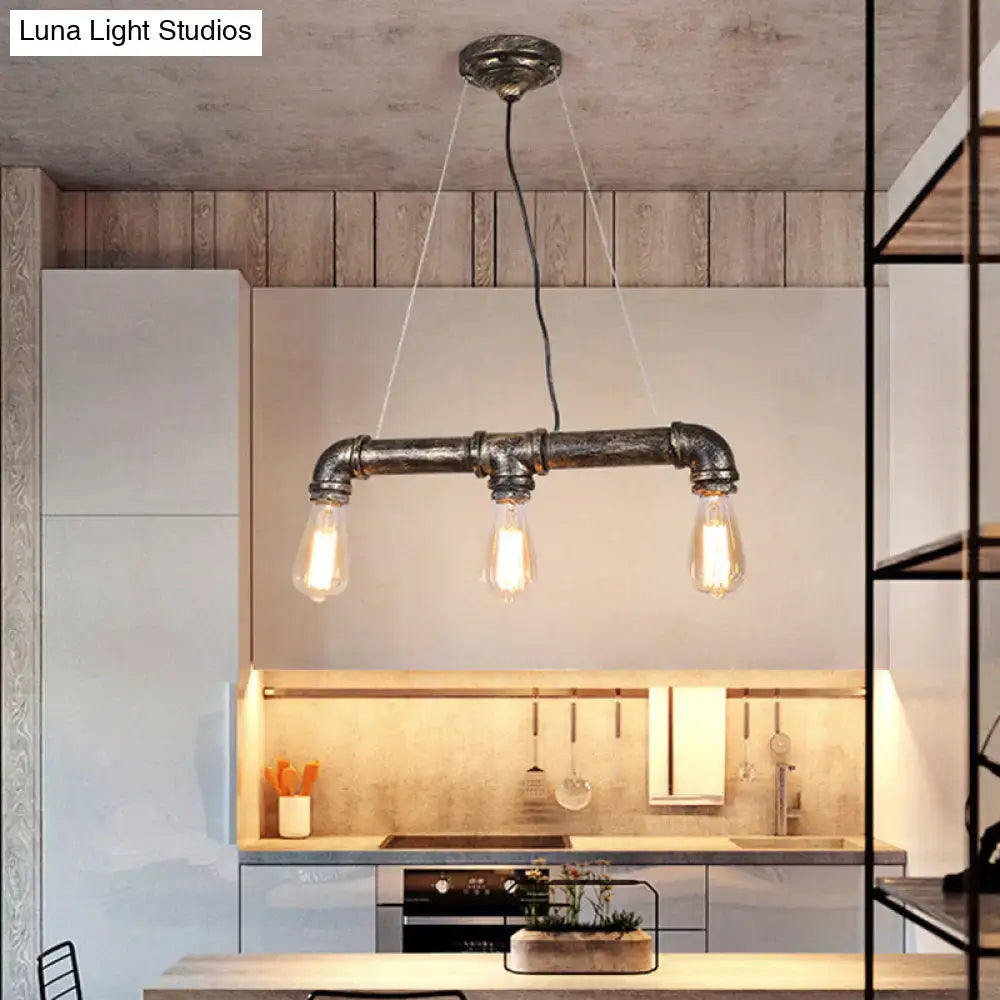 DecorBites bronze steampunk water pipe island light with dark rustic metal frame and three exposed Edison bulbs