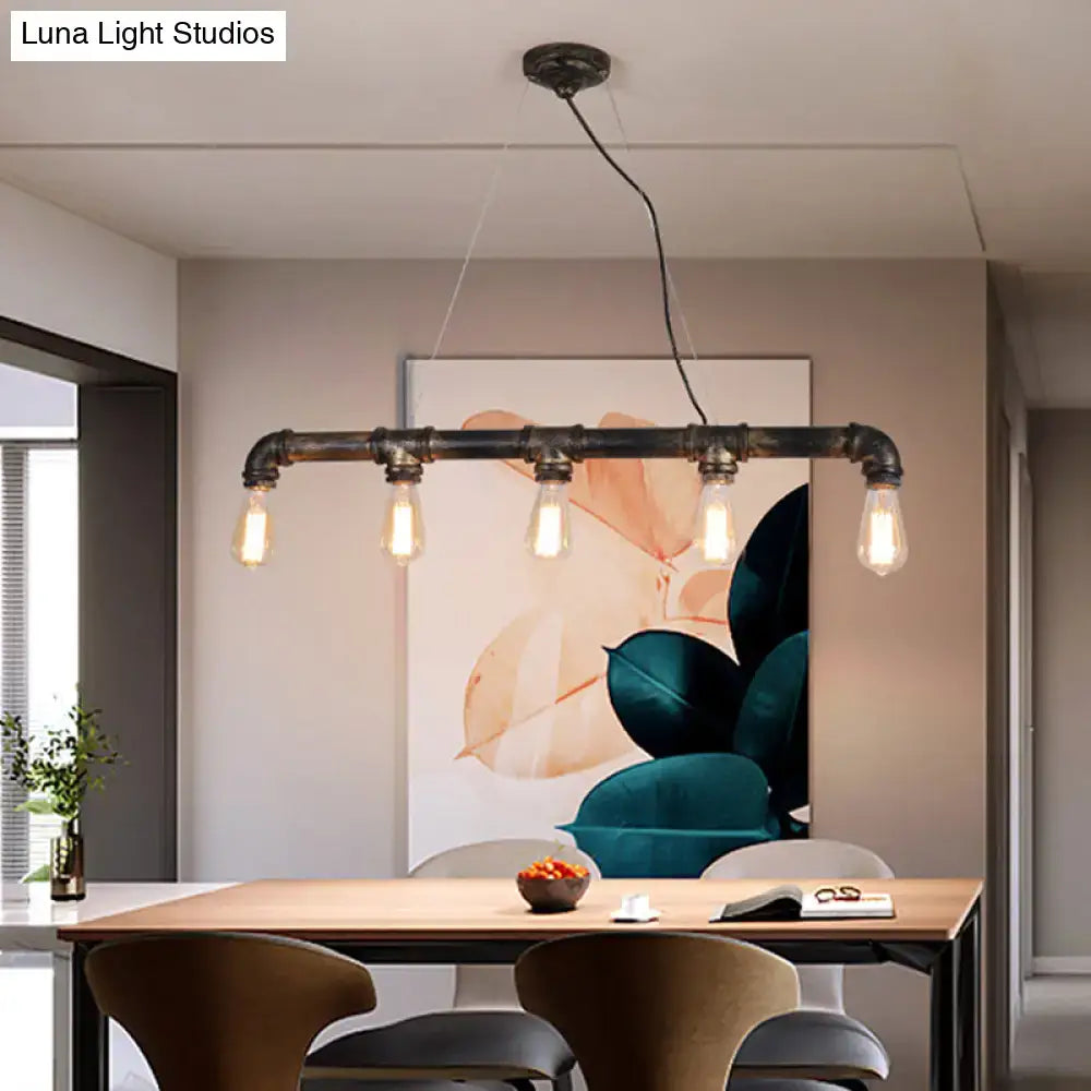Decorbites bronze steampunk water pipe island light with five exposed filament bulbs in wrought iron and black pipe design