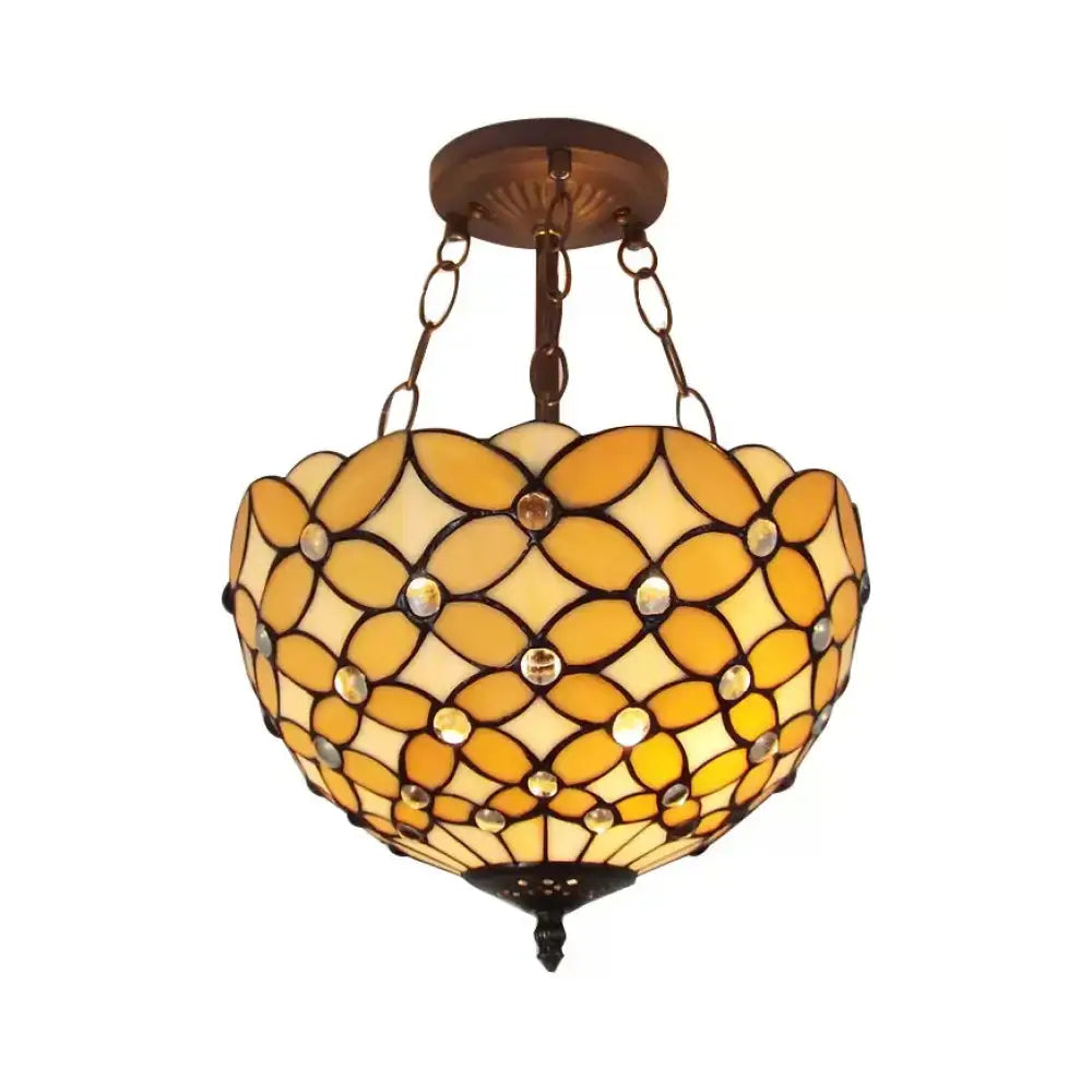 DecorBites™ bronze tiffany style semi flush mount ceiling light with amber stained glass floral pattern and crystal accents