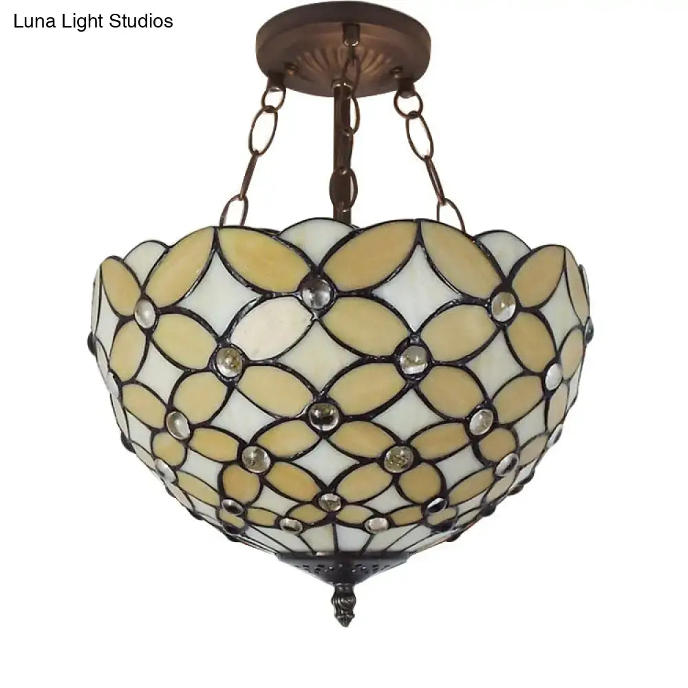 Decorbites™ bronze tiffany style semi flush mount ceiling light with cream stained glass and crystal bead accents