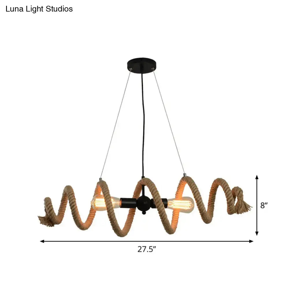 DecorBites brown rope wrapped helix island pendant with two Edison bulbs and black metal fixture for farmhouse decor