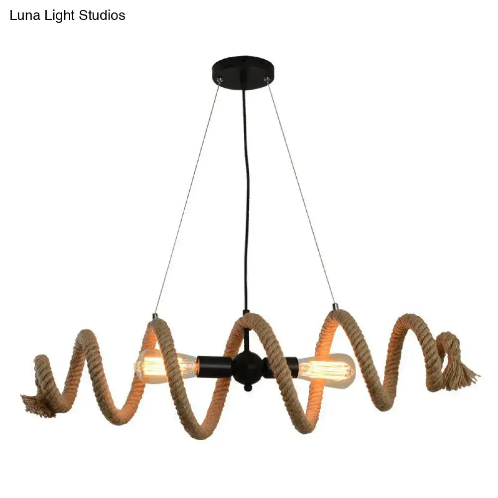 DecorBites™ brown rope wrapped helix island pendant with two edison bulbs and black metal frame for restaurant ceilings
