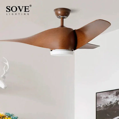 Sove lighting ceiling fan with sleek wooden blades and central white light in decorbites brown vintage style with remote control