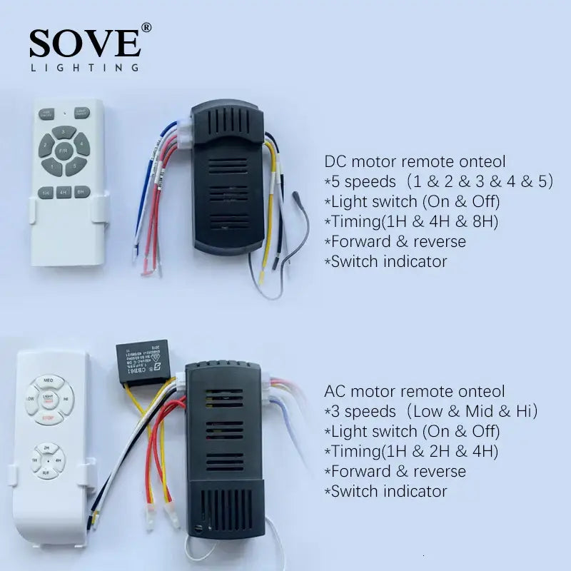 Sove lighting dc and ac motor remote control ceiling fan kits with white remotes and black receivers for decorbites brown vintage fan