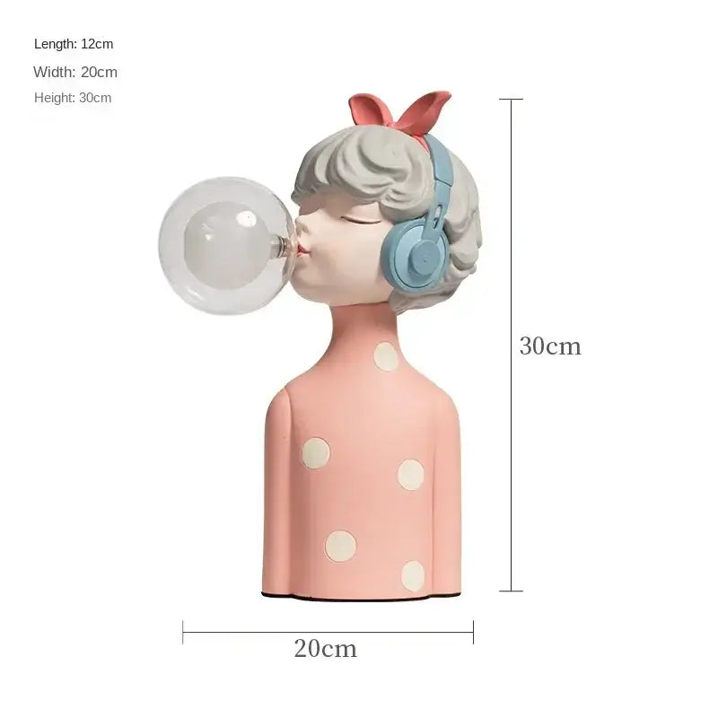 Pink polka-dot decorbites bubble girl resin night light with gray hair blue headphones red bow blowing bubble