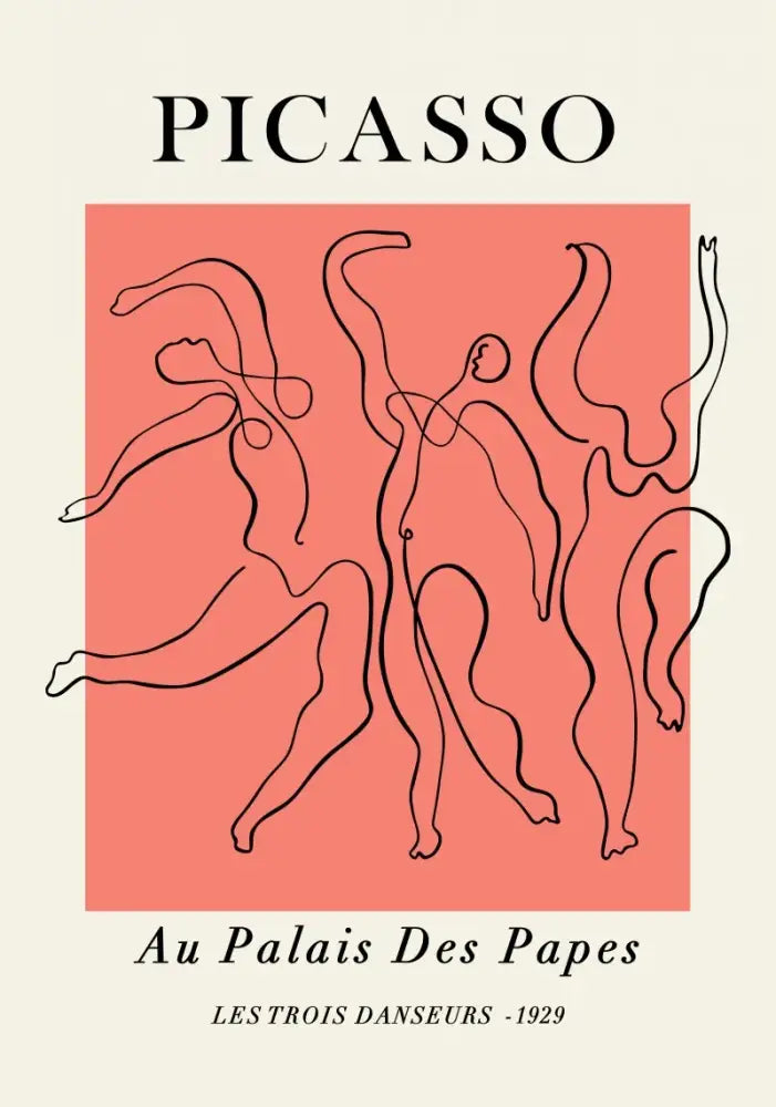 Minimalist art poster featuring picasso les trois danseurs in black line on coral background for butterfly botanical canvas decor
