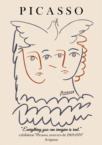 Minimalist butterfly botanical canvas painting featuring picasso styled dual face portrait and dove on beige paper