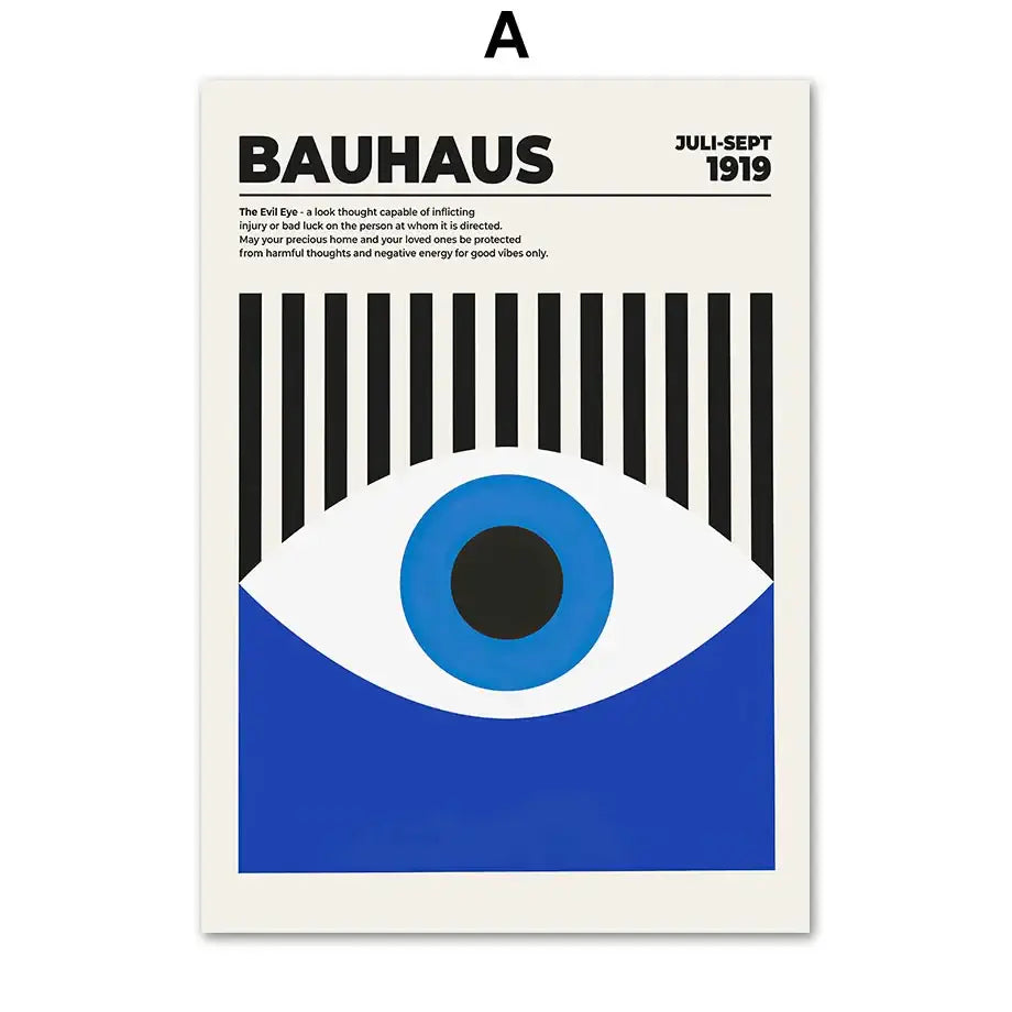 Decorbites™ butterfly botanical canvas painting with minimalist bauhaus eye design in bold blue and black on off-white background