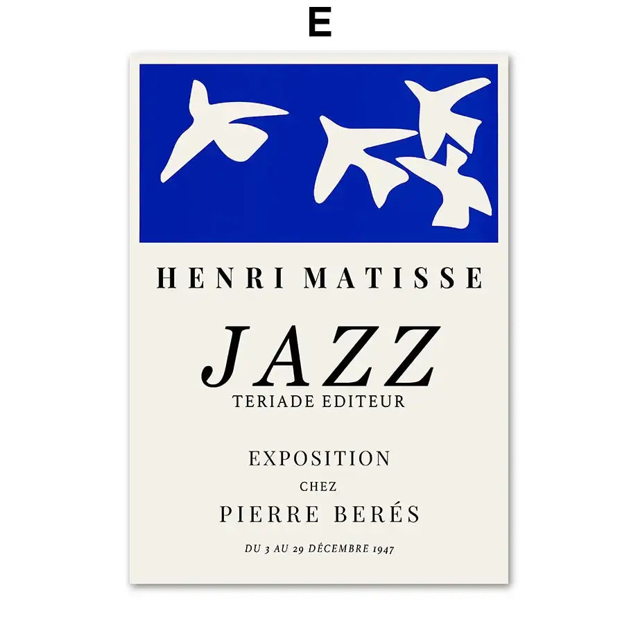 Decorbites™ butterfly botanical canvas painting featuring henri matisse jazz vintage poster in blue and cream tones for living room