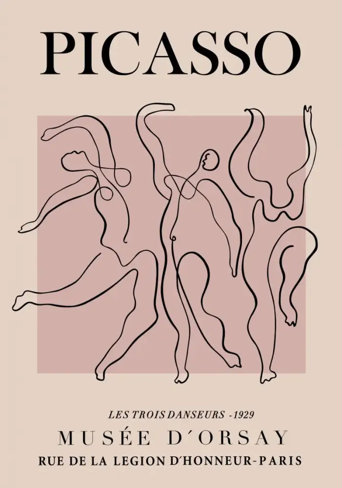 Decorbites butterfly botanical canvas painting featuring black line art of picasso les trois danseurs on muted pink background