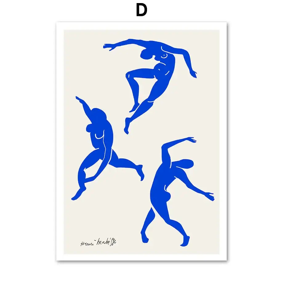 Blue silhouette art print featuring three stylized figures on cream background butterfly botanical canvas for living room decor