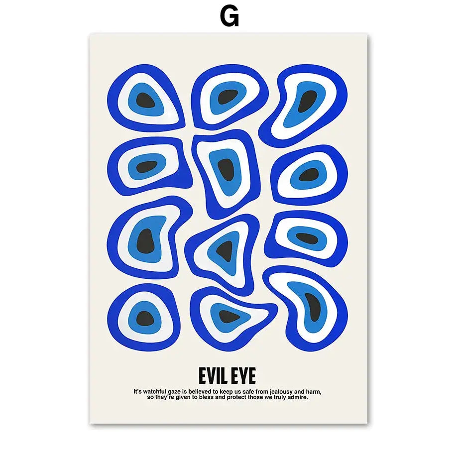 Decorbites™ butterfly botanical canvas painting featuring blue and white stylized evil eye art on cream background