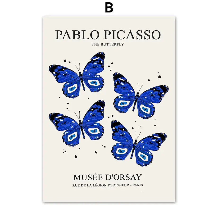 A cream-colored butterfly botanical canvas painting with blue stylized butterflies titled pablo picasso from musée dorsay