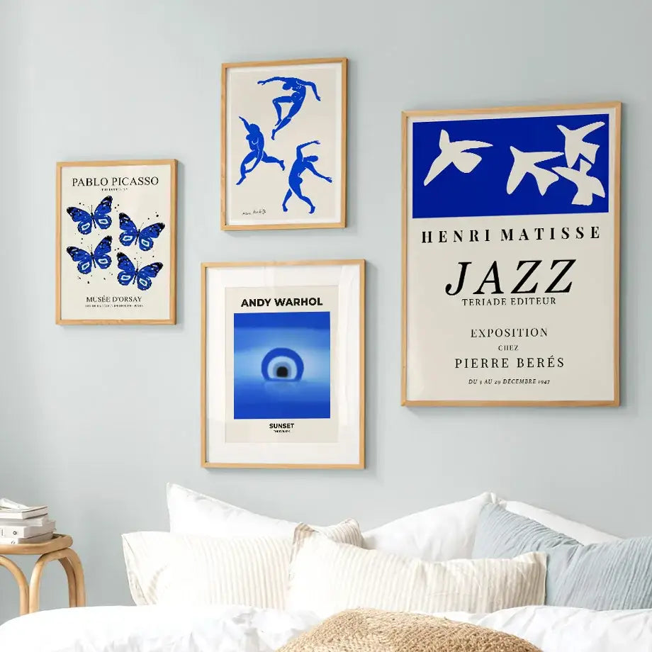 Set of four framed blue and white art prints including butterfly botanical canvas and botanical canvas designs for living room decor