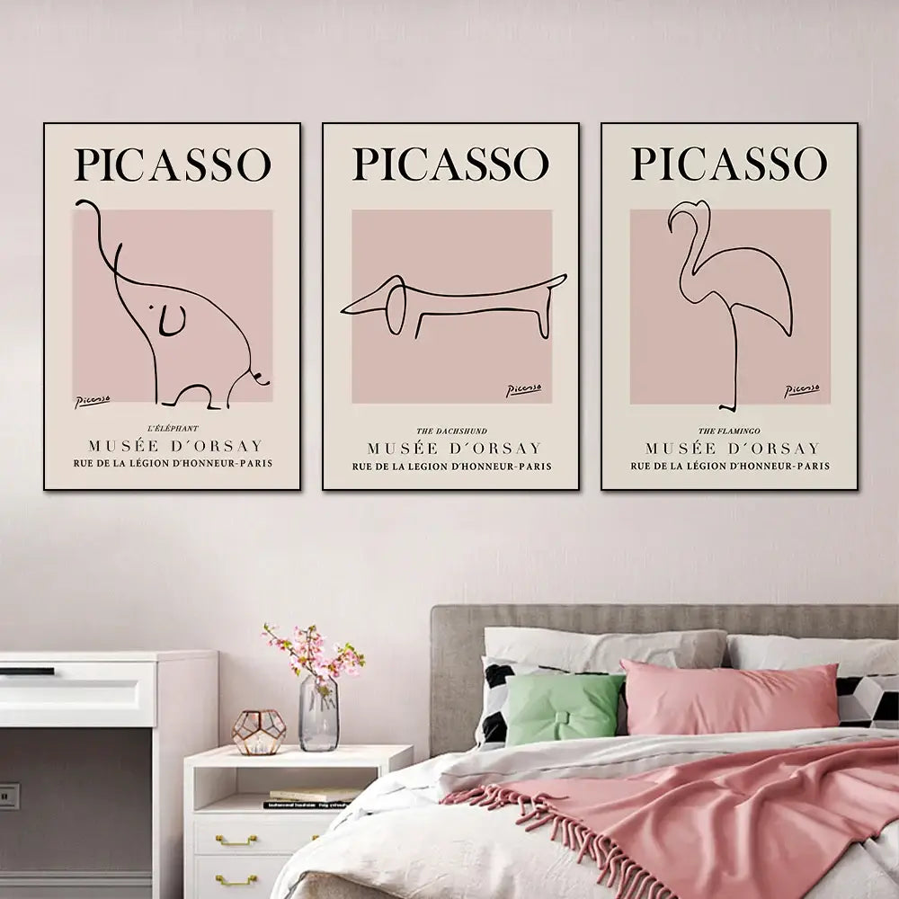 Set of three minimalist picasso line art prints on soft pink backgrounds by DecorBites butterfly botanical canvas