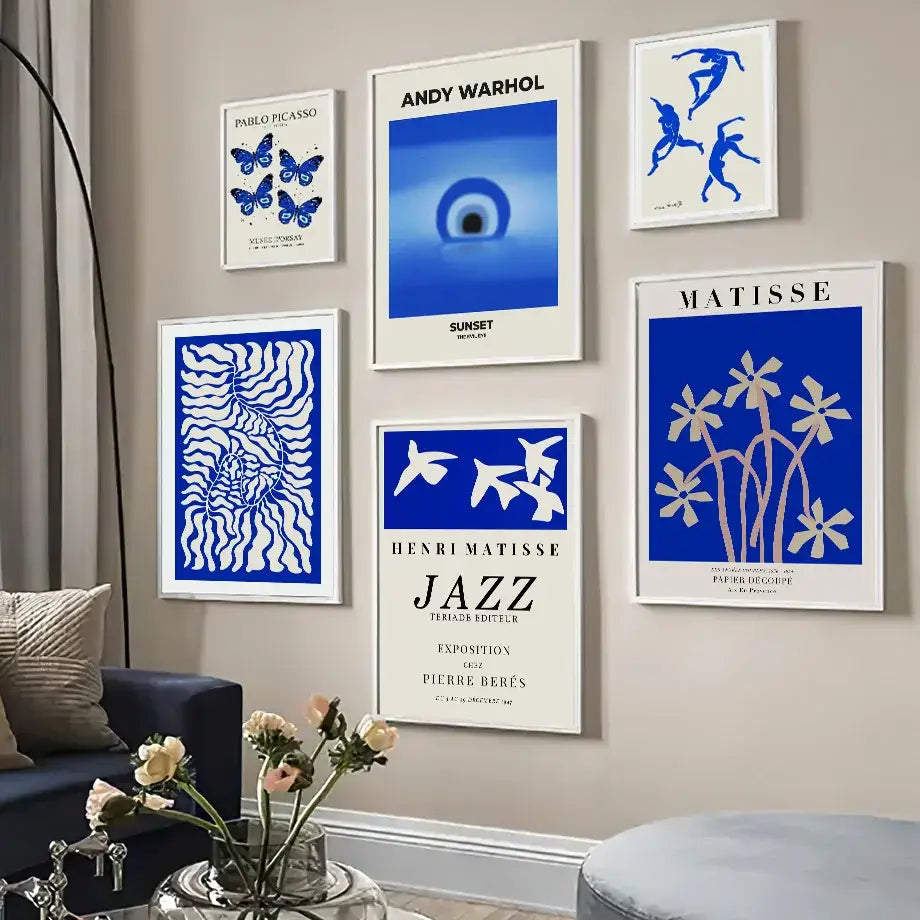 Set of six framed blue and white decorbites butterfly botanical canvas paintings featuring iconic artists for living room