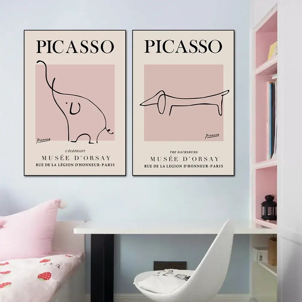 Two framed decorbites butterfly botanical canvas prints featuring minimalist black line elephants and dachshunds on pink backgrounds