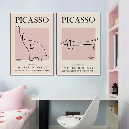 Two framed decorbites butterfly botanical canvas prints featuring minimalist black line elephants and dachshunds on pink backgrounds