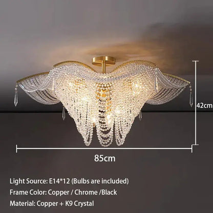 A decorbites butterfly crystal bead large gold chandelier with copper frame and cascading k9 crystal strands for living room