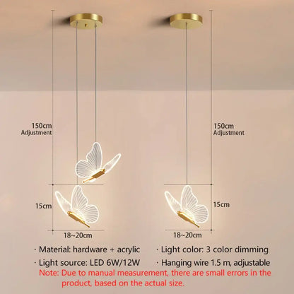 Decorbites butterfly led pendant light with gold-toned metal and translucent acrylic wings for living room and bedroom