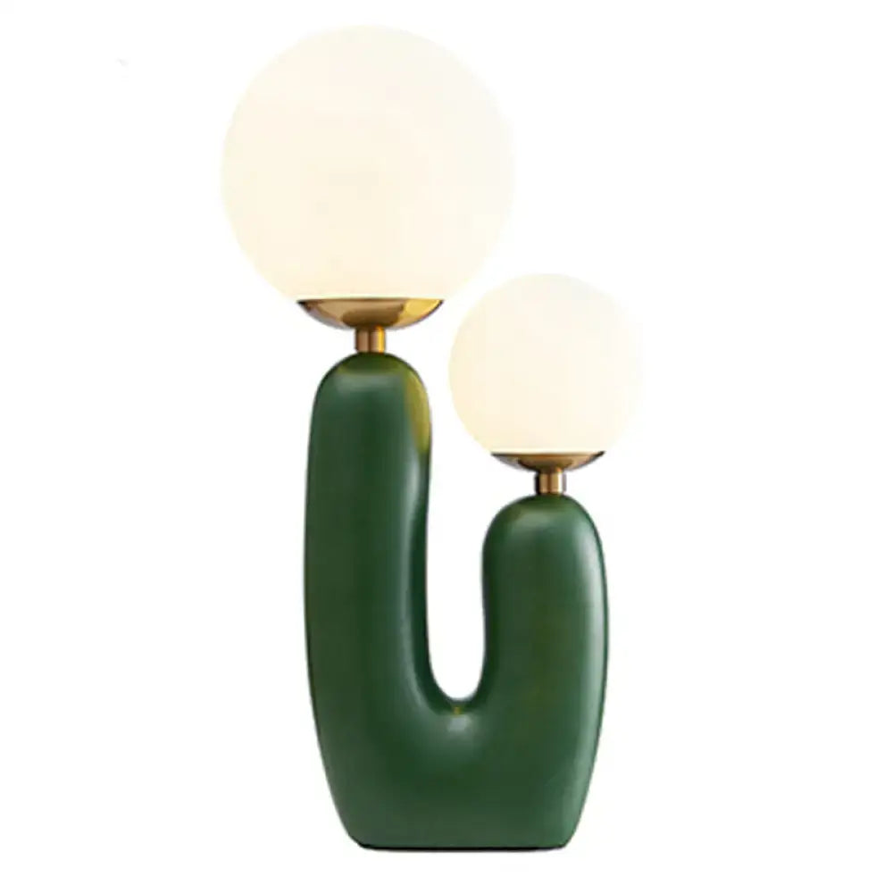 Modern green ceramic cactus bedside table light with two frosted cream glass shades and brass accents 110v-120v 220v-240v