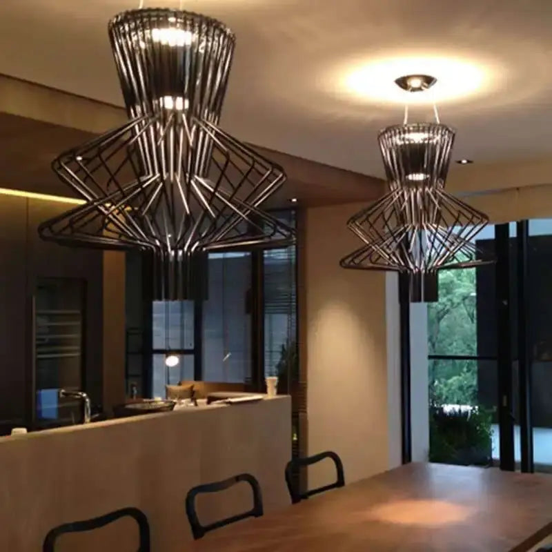 Black metal wireframe decorbites cage industrial pendant lights with geometric tiered design for kitchen dining room