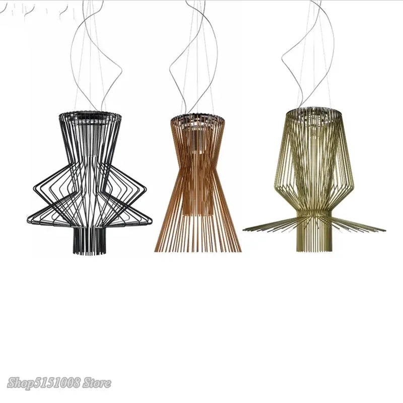 Three modern black bronze and gold decorbites cage industrial pendant lights with wireframe design for kitchen dining room