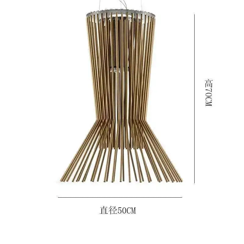 A modern 70cm tall brass decorbites cage industrial pendant light with slender rods for kitchen and dining room use