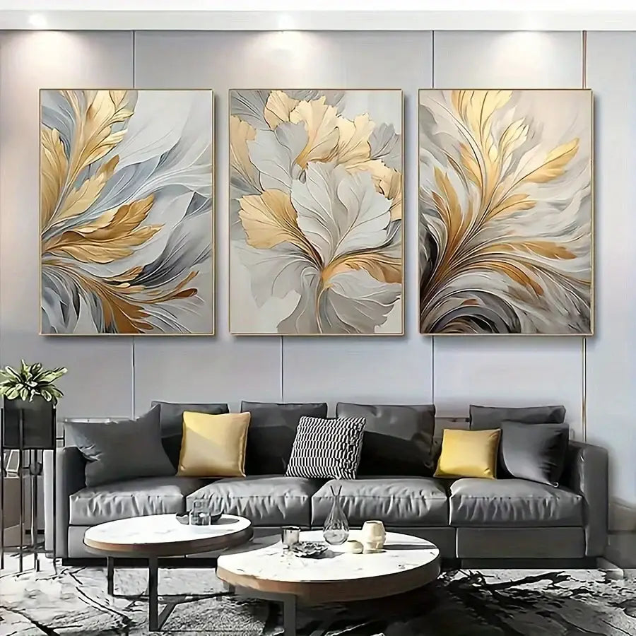 DecorBites™ canvas wall art set featuring three-panel abstract floral design with gold silver and gray leaves in minimalist style