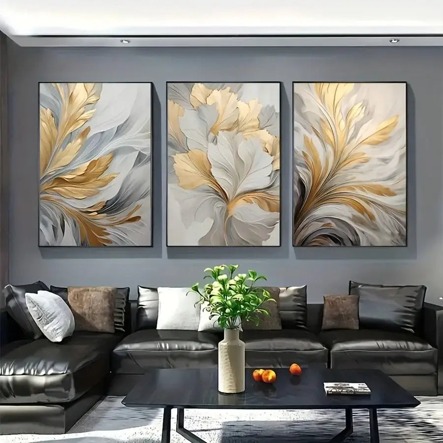 Decorbites™ canvas wall art set featuring three-panel abstract floral design with gold white and gray leaves in minimalist frame