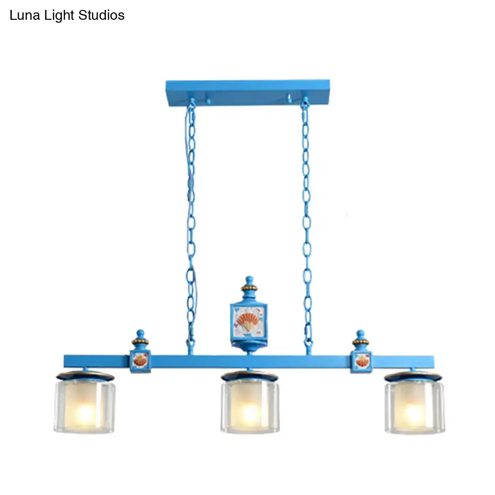 DecorBites™ cartoon 3 bulbs island pendant light with sky water blue glass shades and decorative shell metal frame