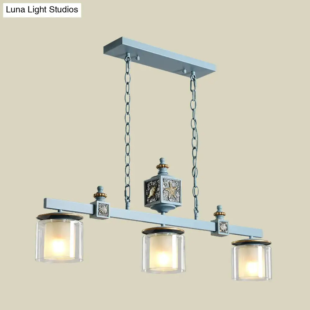Decorbites cartoon 3 bulbs island pendant light with light blue metal frame and sky water blue glass shades with sea embellishments