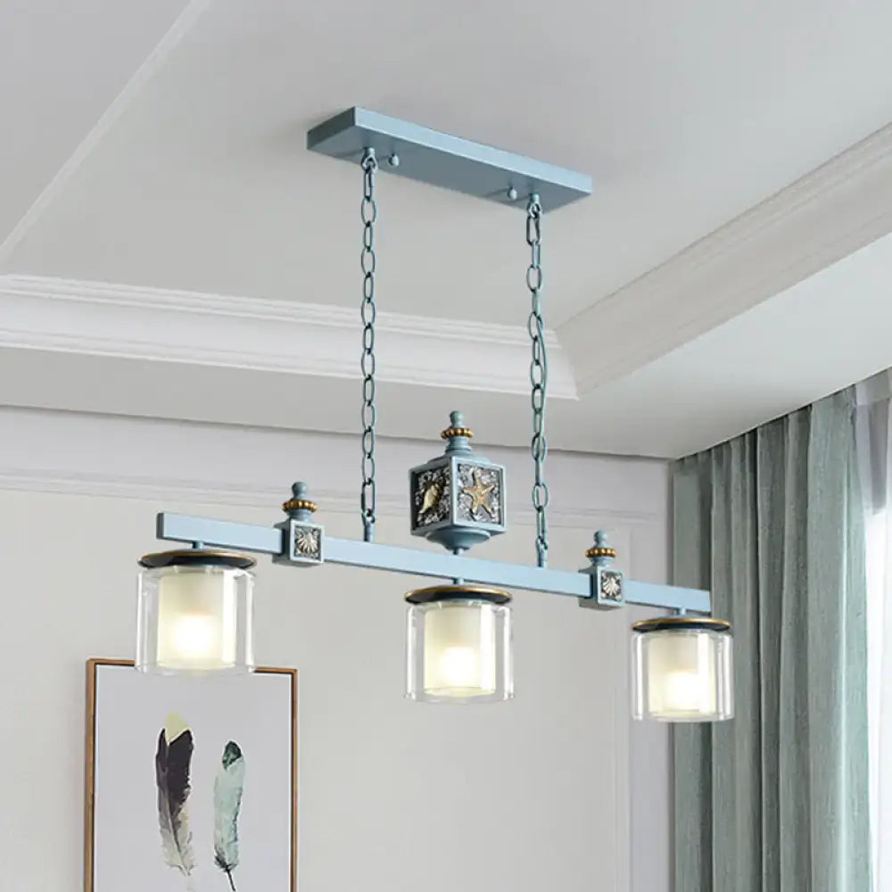 Decorbites™ cartoon 3 bulbs island pendant light with sky water blue glass shades and ornate metal design