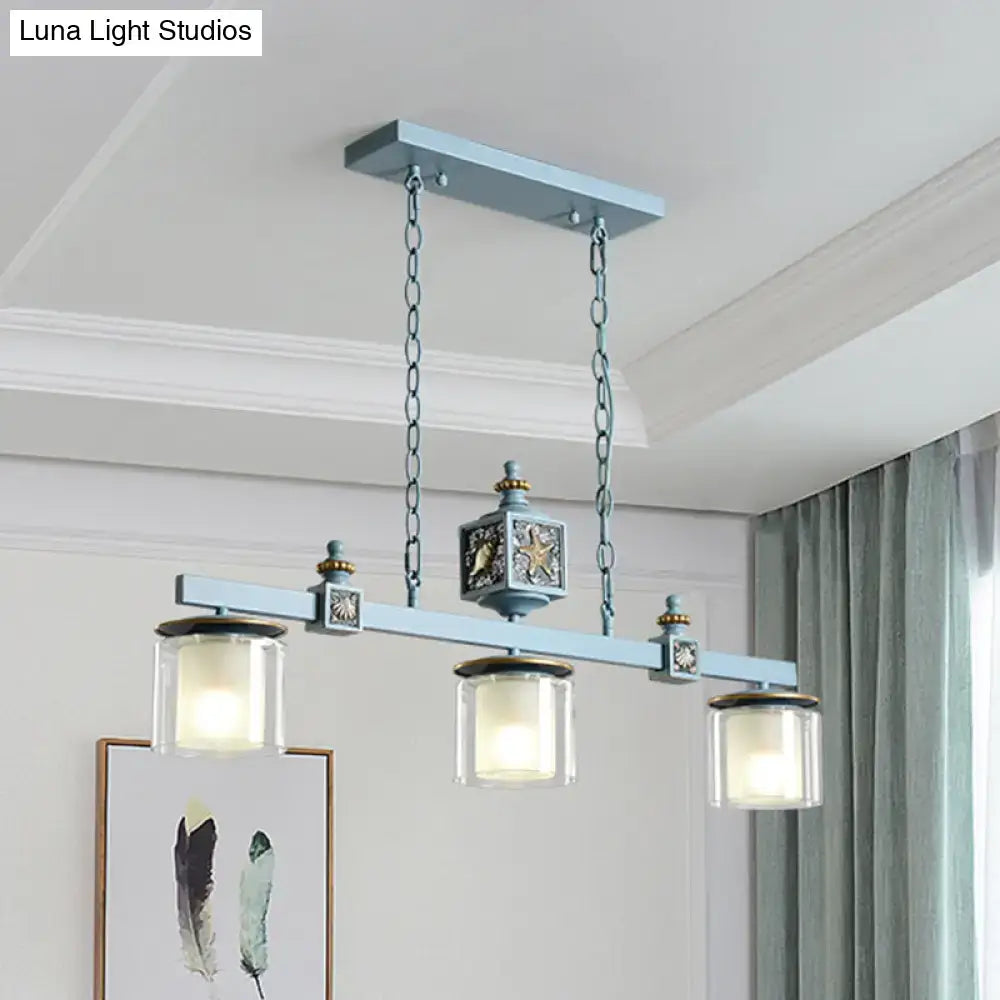 DecorBites™ cartoon 3 bulbs island pendant light with sky water blue glass shades and ornate blue metal frame