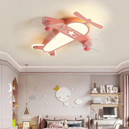 Pink decorbites cartoon aircraft fan light shaped like an airplane with white star decals and translucent propellers