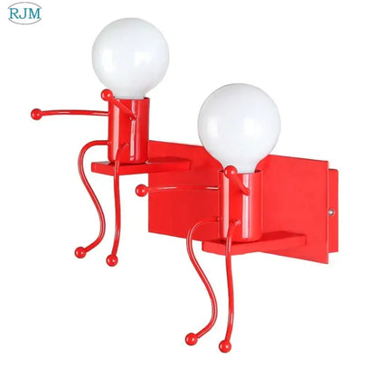Red metallic decorbites cartoon children iron wall lamps featuring two whimsical stick-figure designs for bedroom decor