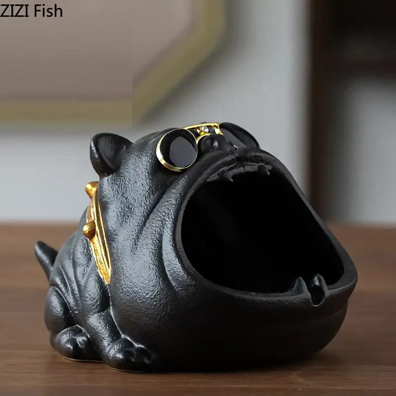 Black ceramic decorbites cartoon dog ashtray with gold-tone sunglasses and collar for living room decor