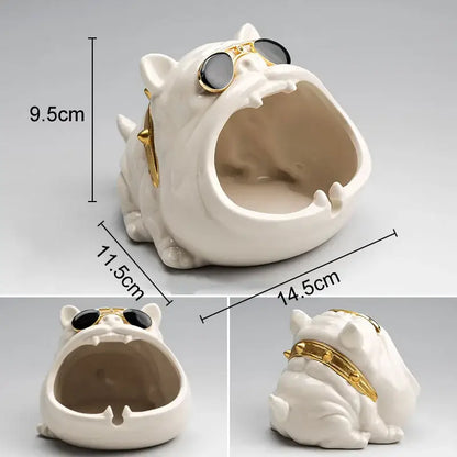 White ceramic decorbites cartoon dog ashtray with gold-trimmed sunglasses and collar for living room decor