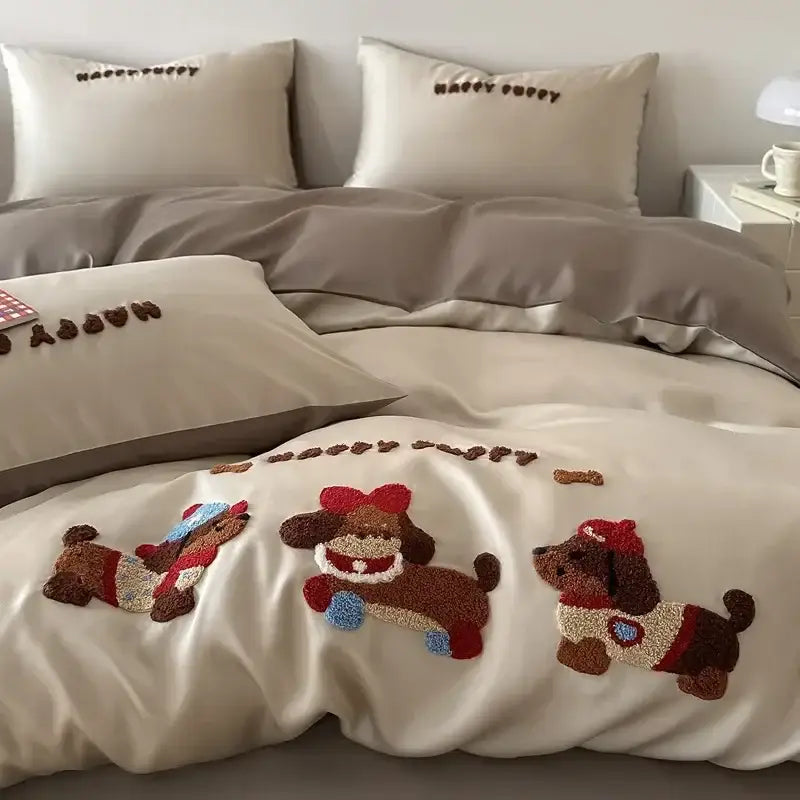 Cream-colored bedding set with decorbites cartoon embroidered plush puppies in brown and red cotton cover and accessories
