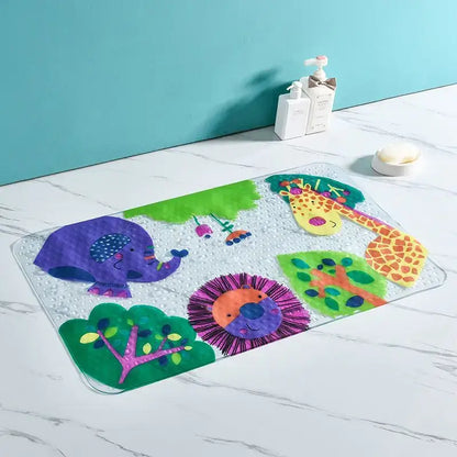 Colorful transparent decorbites cartoon non-slip bathroom mat with purple elephant yellow giraffe and orange lion for children