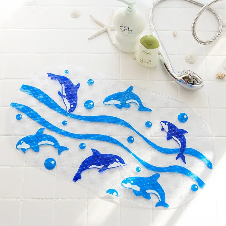 Clear plastic decorbites cartoon non-slip bathroom mat with blue dolphin wave designs and bubble accents for children
