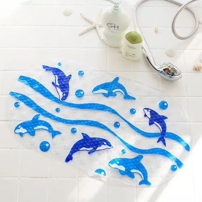 Clear plastic decorbites cartoon non-slip bathroom mat with blue dolphin wave designs and bubble accents for children