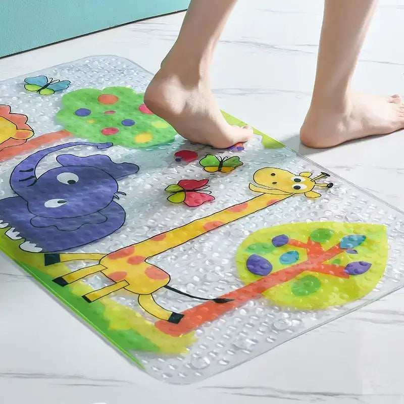 Clear textured decorbites cartoon non-slip bathroom mat with colorful animals including blue elephant and yellow giraffe