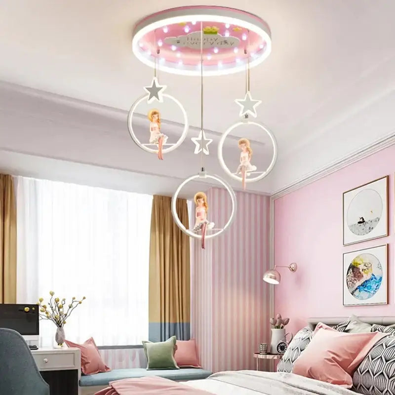 Pink circular decorbites cartoon princess chandelier with glowing led lights and hanging fairy figure rings for kids bedroom
