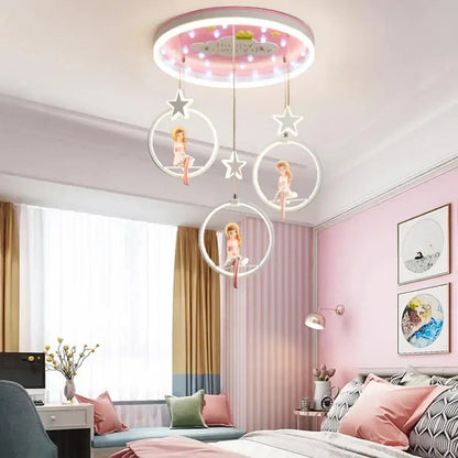 Pink circular decorbites cartoon princess chandelier with glowing led lights and hanging fairy figure rings for kids bedroom