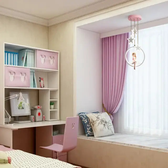 Pink star-shaped hanging mobile with circular frame and figurine in decorbites cartoon princess chandelier for kids bedroom light