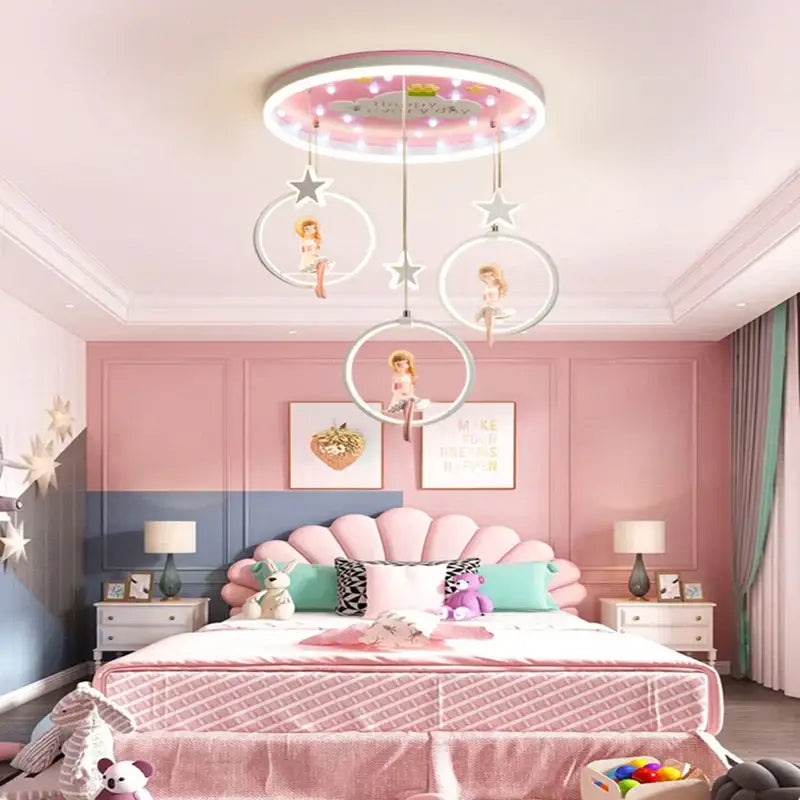 Pink circular led ceiling light with hanging doll figures in white hoops decorbites cartoon princess chandelier for kids room