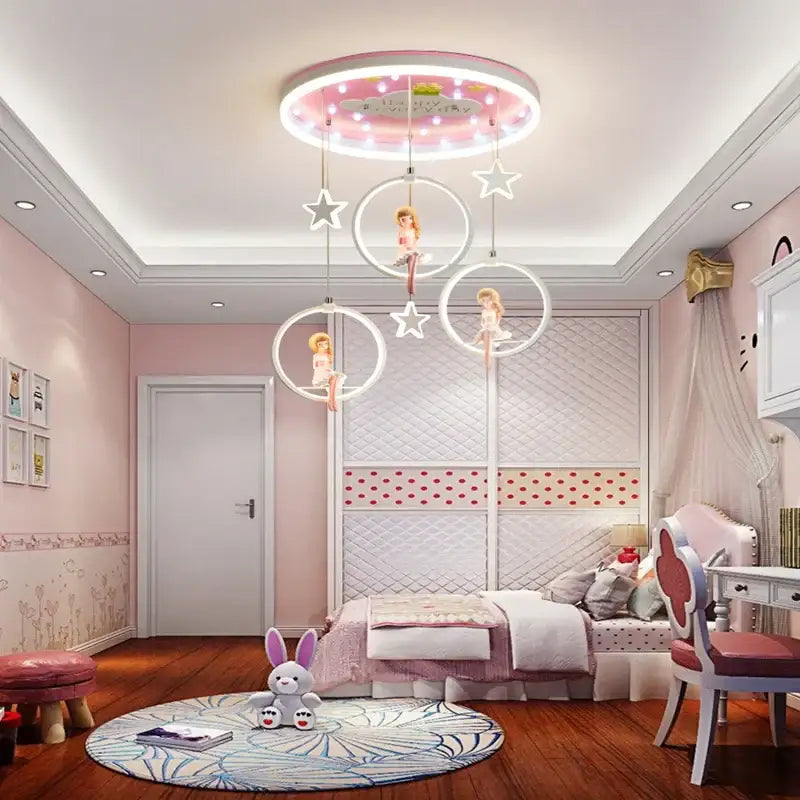 Pink circular decorbites cartoon princess chandelier with glowing stars and dolls in illuminated led rings for kids bedroom