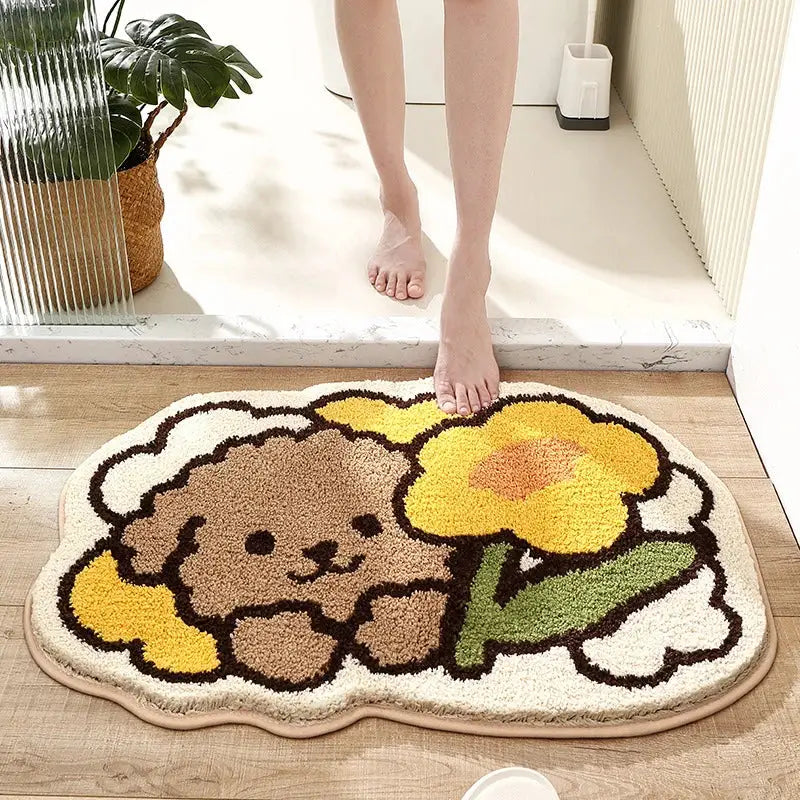 Decorbites cartoon puppy flocked beige and yellow plush bath mat featuring a smiling poodle with sunflower design