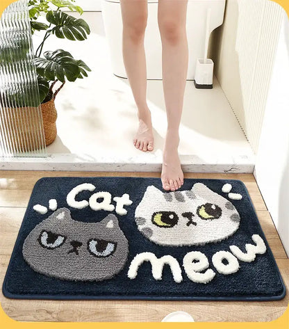 Decorbites cartoon puppy flocked brown bath rug with navy blue plush cat face embroidery and white yarn text for bathroom use